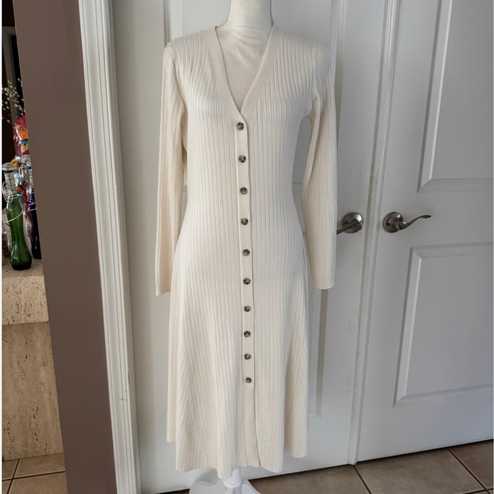 Lucky Brand DRESS Cream Button-Down Ivory Ribbed Body Con long sleeve